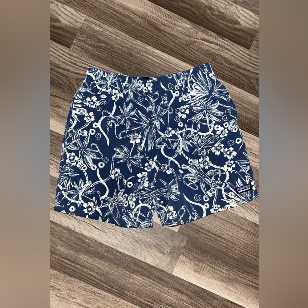 Kids XL boy swimming trunks shorts Hawaiian floral print blue and off white